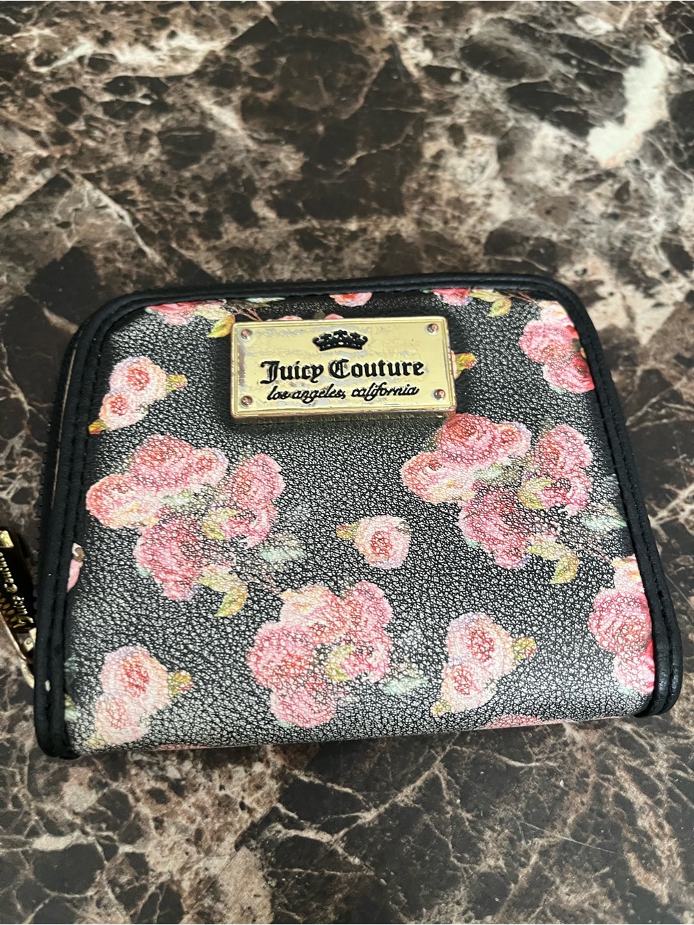 Juicy Couture Black Wallet with Pink Floral Pattern and Gold Logo Plate